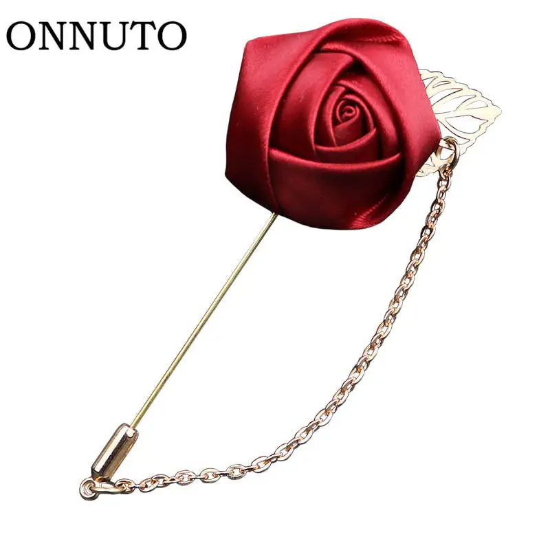 

Fashion Male Suits Gold Leaves Roses Brooches Corsage Collar Flowers Long Needle With Chain Handmade Lapel Pin Brooch