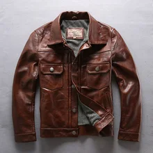 Factory New Men Brown Cow Leather Jacket Real Cowhide Casual Single Breasted Slim fit Jackets Winter Russia Coats