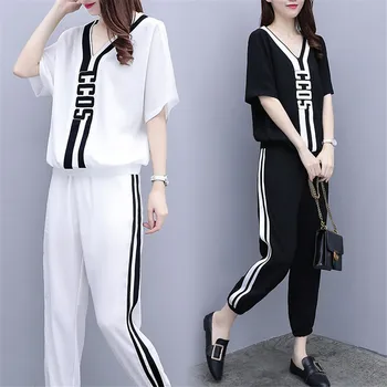 

Plus Size Two Piece Sets Womens Clothing Tracksuit Summer Set Ladies Casual Tracksuits 2 Pieces Black Top And Pants