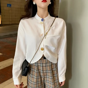 

2020 Early Spring Korean Office Lady Shirts Retro Salt White Shirts Casual Button Stand Shirts Loose Elegant Women Shirts