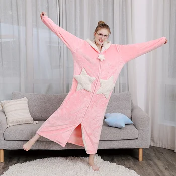 

Autumn And Winter Robe Plus Long Robe Coral Velvet Couple Nightgown Thickening Five-pointed Star Pocket Hooded Long Home Robe