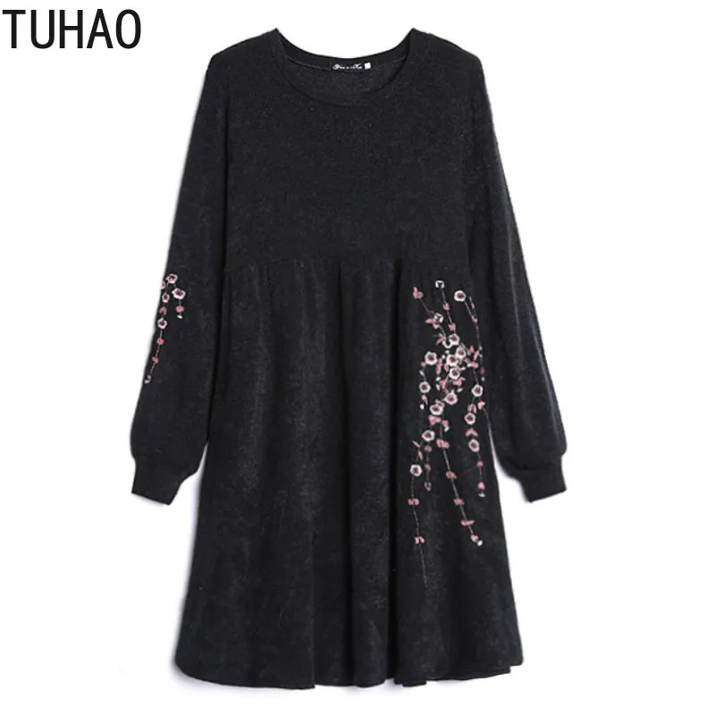 

TUHAO 2019 Autumn WINTER Dress Plus Size 5XL 4XL 3XL Women's Loose Embroidery Knit Sweater Dresses Lantern Sleeve Sweaters LZ76