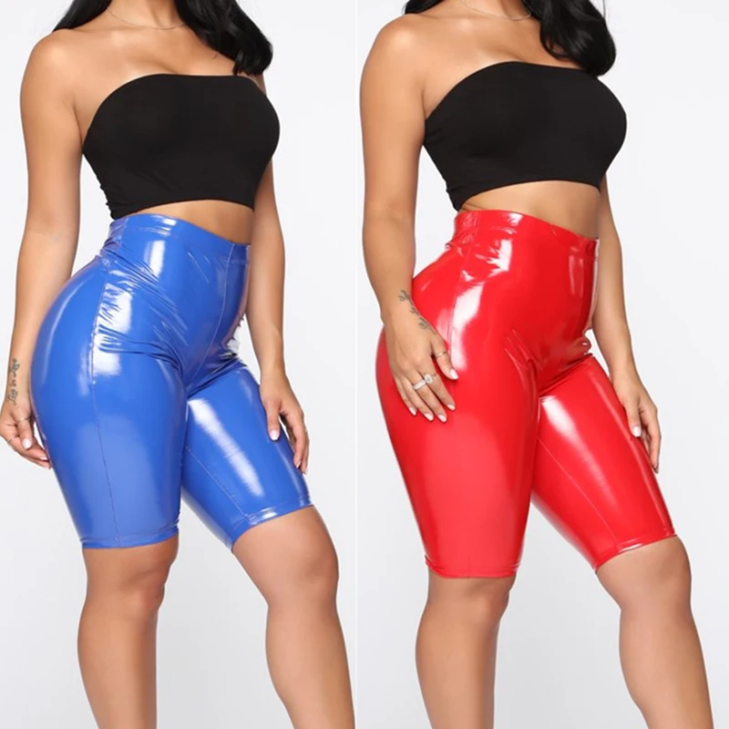 

Women Shorts Sexy PU Leather Capri Clubwear Elastic High Waist Skinny Slim Fit Sports Casual Running Gym Trousers