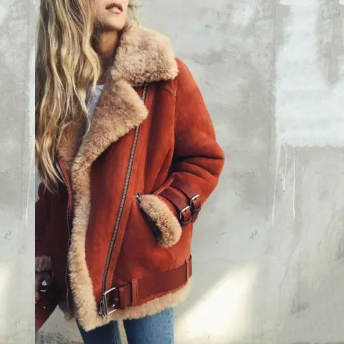 Greatest  Fall-Winter Women Coat Warm Deerskin Cashmere Zipper Turn Down Collar Jacket Fashion Female Long Sl
