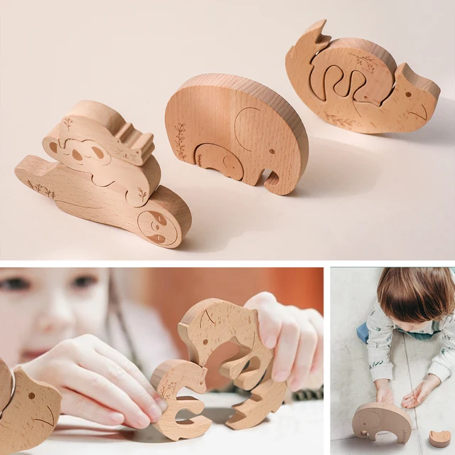 1 Set Baby Teether Food Grade Wooden Blocks Baby Montessori Educational Toys for Children Creative Animal Jigsaw Stacking Toys 4
