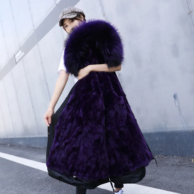 purple 110cm SHENGPALAE/Новинка, Осеннее женское однобортное пальто в Корейском стиле с длинным рукавом, из лисьего меха енота, из свинцовой кожи и меха, FR262 - Цвет: purple 110cm