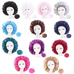 Extra grande cetim de seda bonnet sleep cap com faixa elástica premium para mulher cor sólida cabeça envoltório brimmed nightcap noite hat