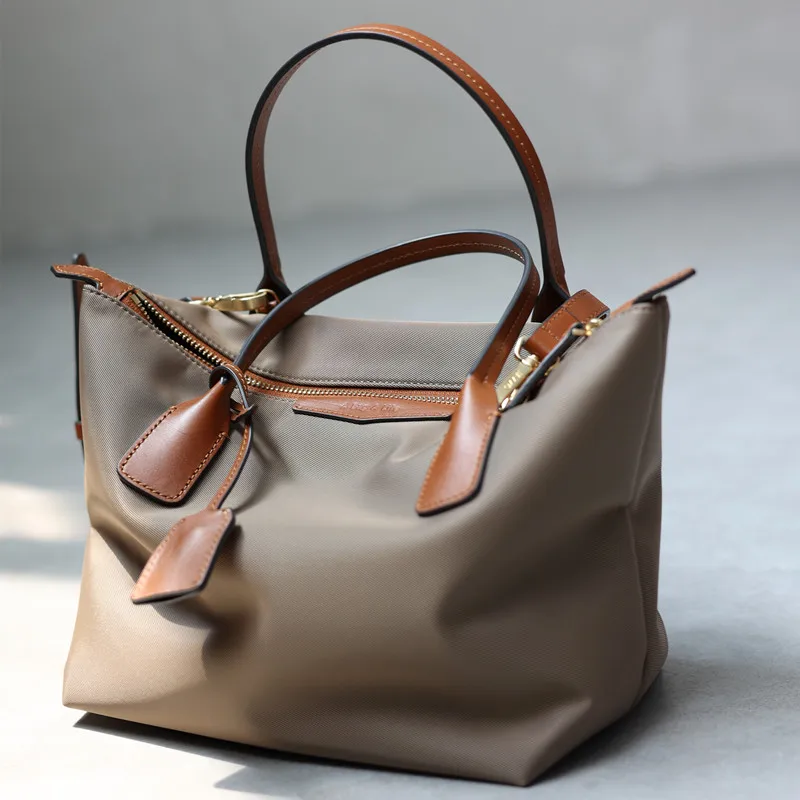 Zipper Tote Bags For Women Nylon With Real Leather Handbag High Quality Single Shoulder Bag 5