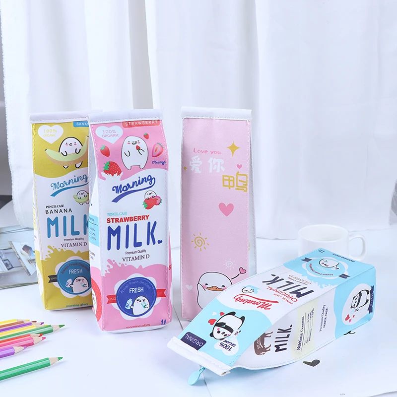 1pcs Cartoon Milk Bottle School Pencil Case Cute Pu Pen Bag Storage Pouch Stationery