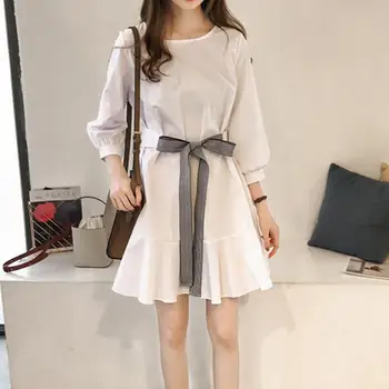 

Belt Bowknot Tunic A-line Dress Female Fashion Plus Size Ladies Casual Women Round Neck Long Sleeve Pleated Slim Dresses