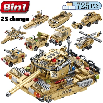 

725PCS City Military WW2 Tank Vehicle Model Building Blocks Technic Helicopter 8 In1car Ship Weapon Bricks Toys For Children