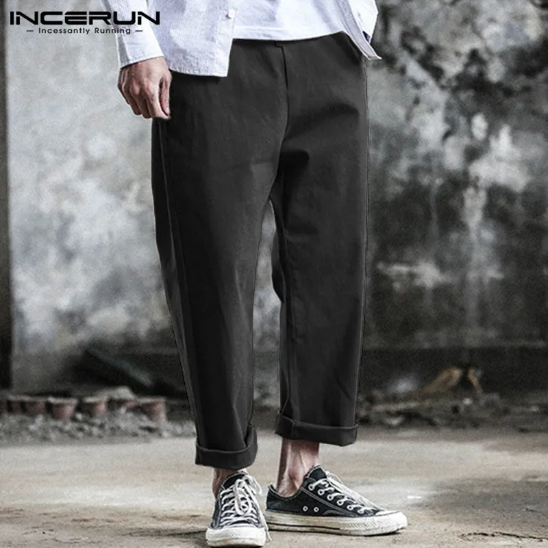 Casual Men Pants Cotton Elastic Waist Fashion High Street Baggy Classic Trousers Men Solid Pants Joggers Plus Size INCERUN