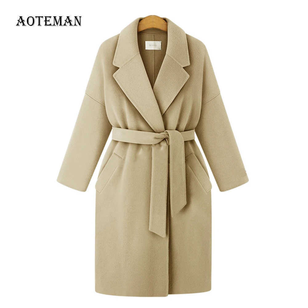 Осенне-зимнее женское пальто повседневное с поясом размера плюс, куртки с длинным рукавом, женское винтажное свободное теплое розовое шерстяное пальто Casaco Feminino
