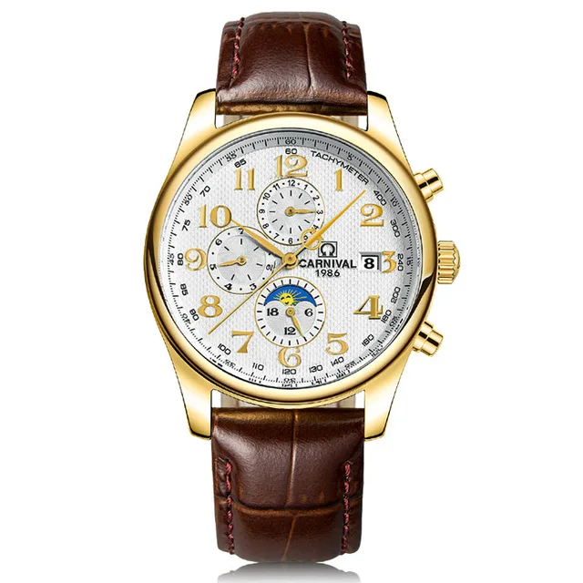 Новейшая модель года KARNEVAL Blau Hand multifunkments Automatische Mechanische mjanner Uhr Luxus бизнес uhr Rostfreiem Stahl Fall S - Цвет: Brown Gold White