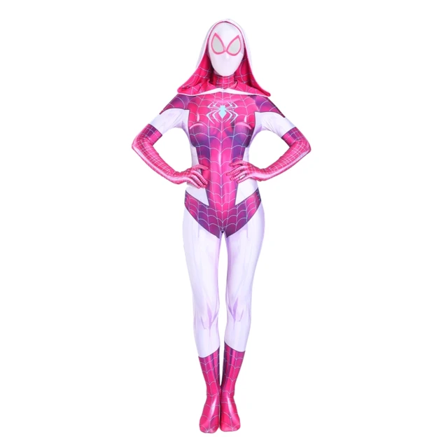 2020 The Amazing Spider Hero Cosplay Gwen Stacy Costume Spandex Zentai Mask Hoodie Spider Zentai Suit Anti-Gwenom for Women Girl Auburn