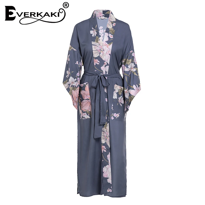 Everkaki женский кардиган-кимоно, раскол, цветочный принт, короткий рукав, пояс, бохо, Свободная Женская Длинная накидка, блузка, Рубашки, Блузки