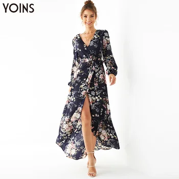 

YOINS Summer Stylish Split V Neck Long Dress 2020 Women Floral Print Bohemian Beach Dress Long Sleeve Tunic Maxi Dress Vestidos