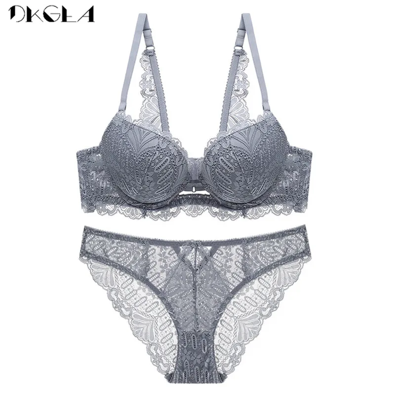 Top Sexy Bra Panties Set Embroidery Lingerie Thick Gray Lace Underwear Sets Cotton Bras Push up Black Women Brassiere Deep V
