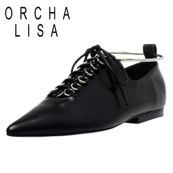 

ORCHA LISA Spring Autumn Neutral Flats Pointed toe Square Heel Genuine Leather Lace up Cross-tied Metal Big size 34-40 B1895