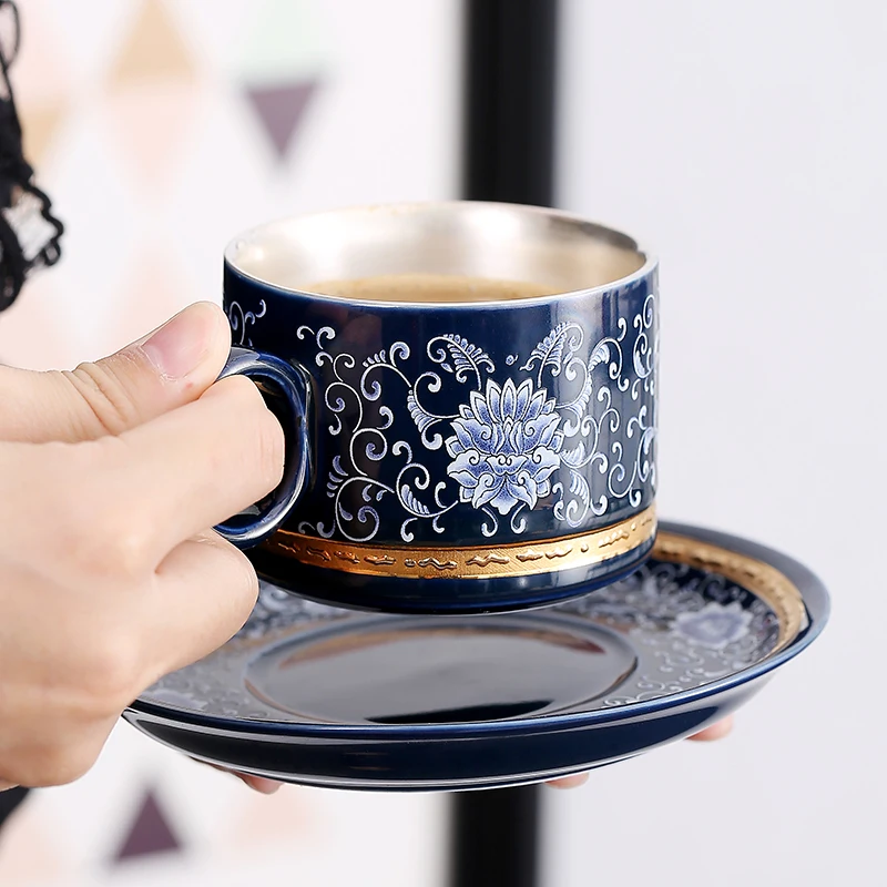 Керамическая чашка для кофе кружки из стерлингового серебра S999, чашки adn, блюдце, креативный подарок, пара чашек для путешествий, офиса, дома