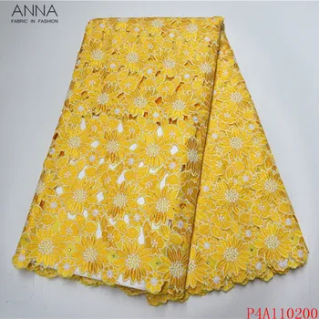 

Anna yellow african organza lace french sequins fabric 2020 high quality embroidery with stones and rhinestones 5 yards/piece