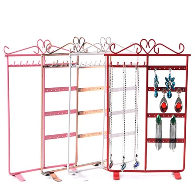 

Multifunctional Metal 4 Layer Ear Studs Earrings Hanging Storage Jewelry Organizer 32 Holes Metal 6 Hooks Necklace Display Rack