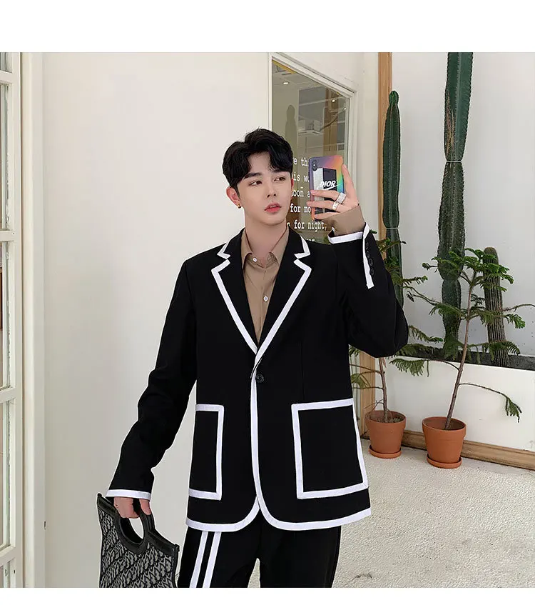 Male Street Clothes Hip Hop Stripe Splicing Casual Tuxedo Blazer Suit Jacket Pants Warm Clothes 2 Pieces Suits Sets Hombres
