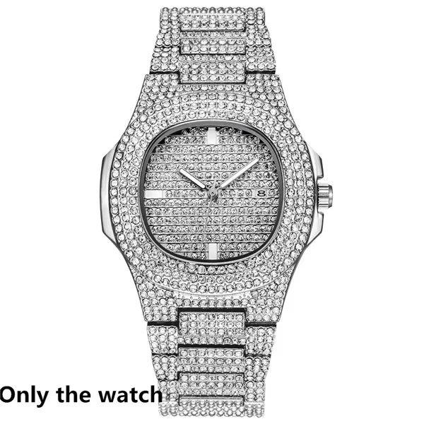 Серебро 3 шт. ожерелье+ часы+ браслет хип-хоп кантри кубинская цепь золото полный Iced Out проложили Стразы Bling для мужчин ювелирные изделия - Окраска металла: Only Silver watch