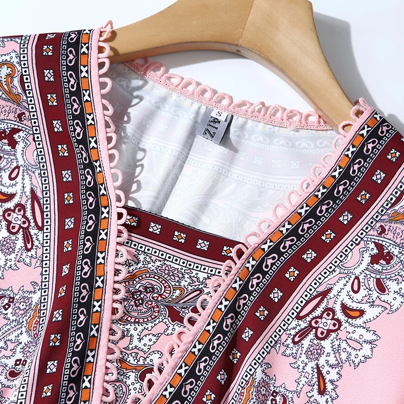 S-xxl весенне-осеннее женское платье винтажное платье с принтом пейсли, розовое, красное платье с v-образным вырезом и коротким рукавом, длиной до середины икры, винтажное элегантное платье