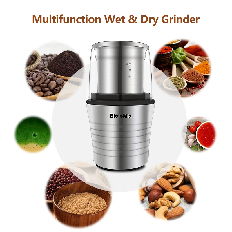 Multipurpose Electric Coffee Bean Grinder with 2 Removable Dry and Wet Cups Stainless Steel Miller for Seeds Spices Herbs Nuts 2