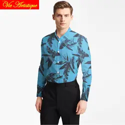 Мужская рубашка, изготовленная на заказ, хлопковая рубашка с цветочным рисунком, деловая официальная Свадебная блузка с голубым принтом