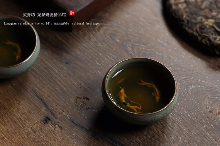 Китайский Longquan Celadon фарфоровая чайная чашка и блюдце чайная чаша с золотой рыбкой 60 мл Celadon Crackle чайная чашка