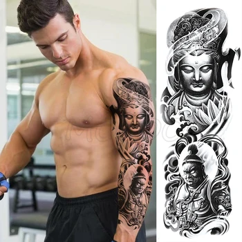 

Full Arm Waterproof Temporary Tattoo Sticker Buddha Statue God Lotus Black Body Art Fake Tatoo Flash Tatto for Man Woman
