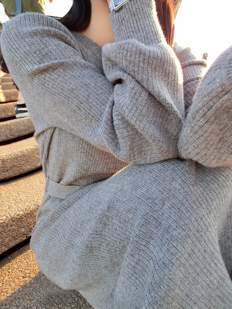 Женское длинное платье-свитер большого размера, теплое трикотажное платье макси свободного покроя на осень и зиму