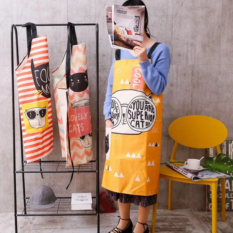 

Cotton linen cute cartoon cat sleeveless apron body men and women kitchen baking restaurant work anti-oil smock