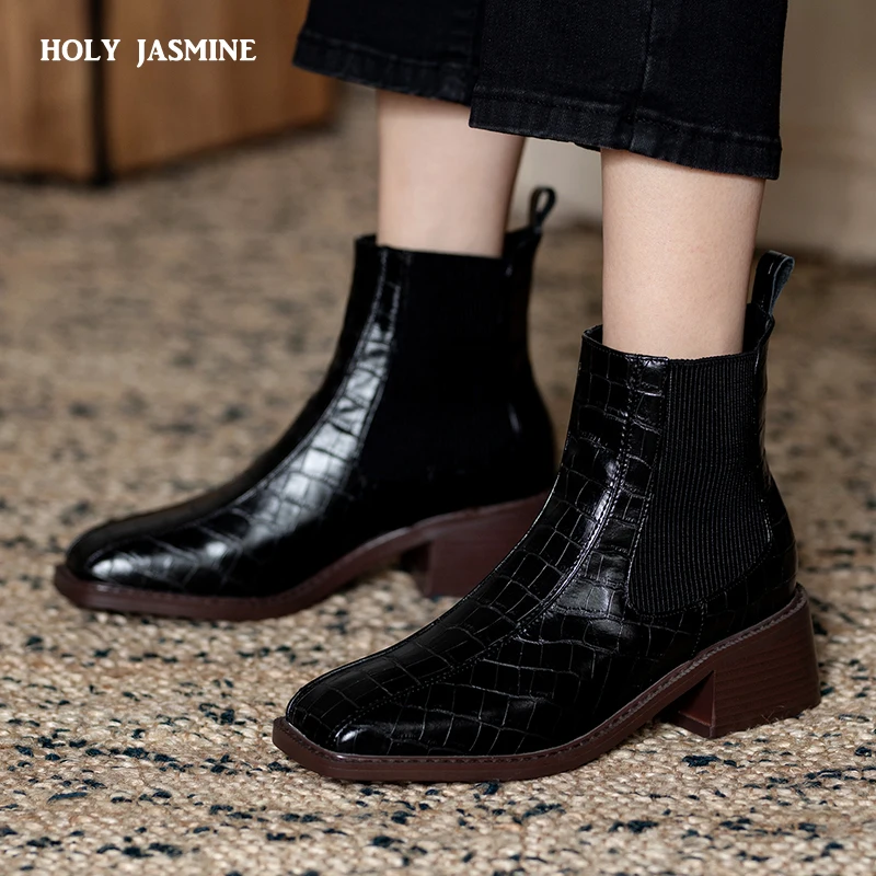 

Elegant Winter 2020 Women Genuine Leather Ankle Boots New Arrival Thick Heels Pumps Autumn Party Working Shoes Woman Square Toe