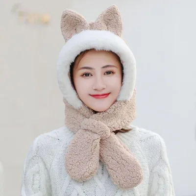 HANGYUNXUANHAO зимняя женская шапка с милыми кошачьими ушками Толстая зимняя Круглая Шапочка без полей модная женская меховая шапка с пальто с искусственным мехом вязаная шапка - Цвет: beige