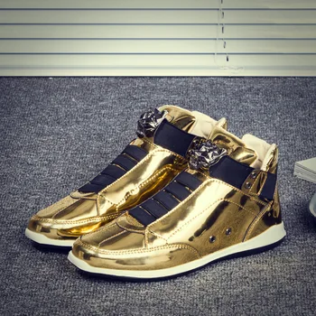 

Fashion Cool Men High Top Men Gold Glitter Sneakers Bling Zip Platform Flats Shoes Man Glossy Silver krasovki Leopard head Shoes