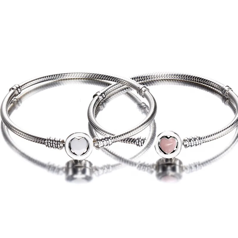 Браслет из стерлингового серебра 925 пробы розовый чудесный Любовь Сердце застегивающийся браслет-змейка браслет подходит для женщин шарик шарм модные ювелирные изделия