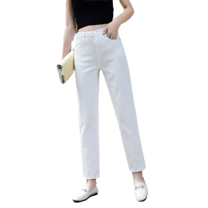 

Women's Casual Black Denim Trousers, Loose Streetwear Pants, Mom Jeans, White, Spring