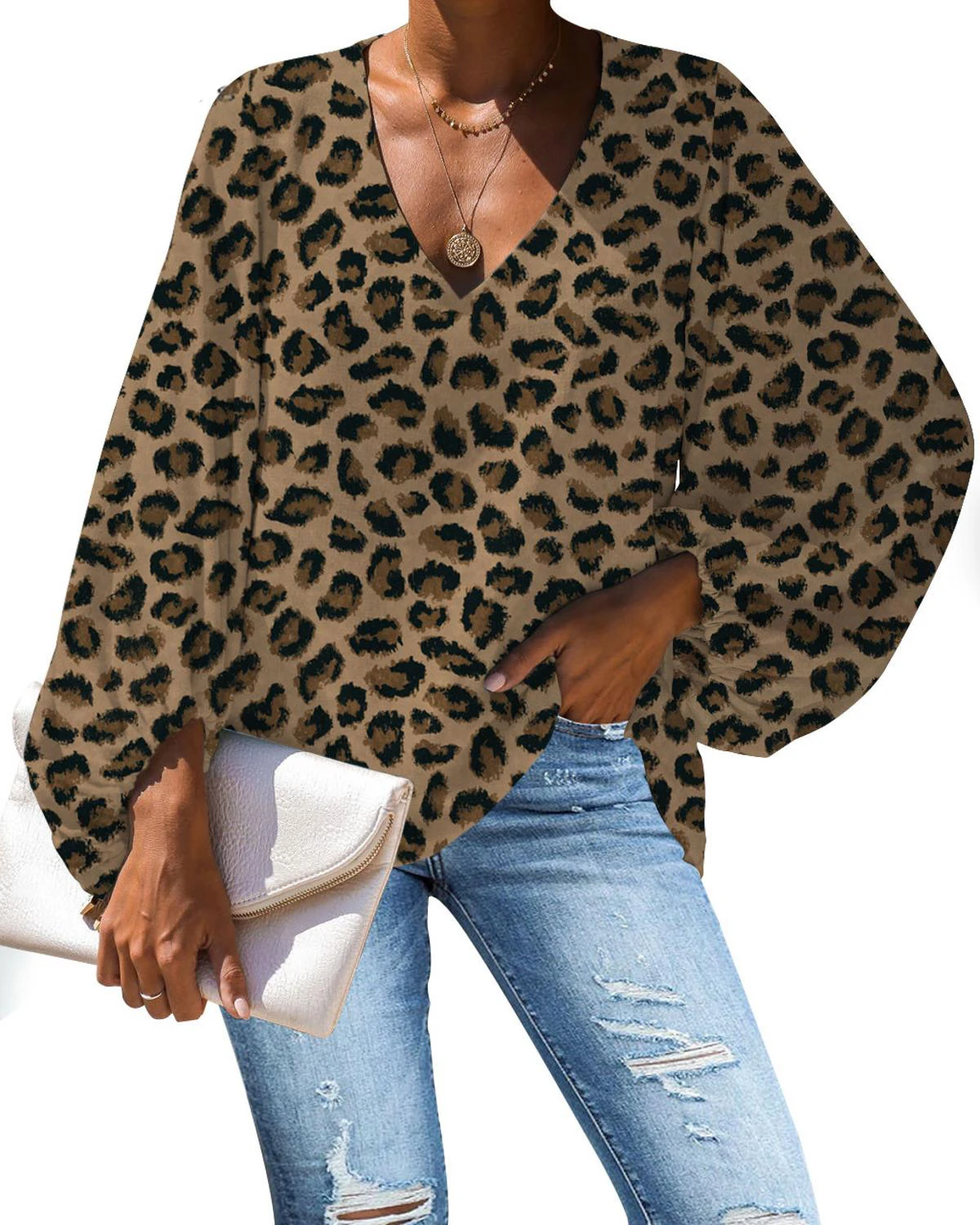 

MOZOEYU Casual Blouse Leopard Print Womens Deep V Neck Front Tie Knot Tops and Blouses for Work Batwing Sleeve Loose Shirts