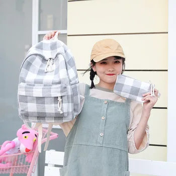 

Women's Korean-Style Plaid Canvas Schoolbag Backpack Student Harajuku Computer Bag Travel Backpack