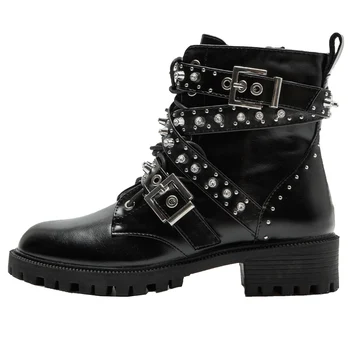 

Prova Perfetto New Women Rivet Boots Genuine Leather Boots Woman black flat Casual Buckle Boots Woman Ankle Boots Botas Mujer