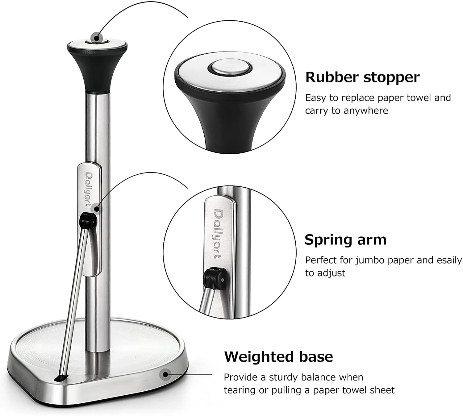 Tension Arm Paper Towel Holder, Hystun Single Tear Paper Towel Holder  Countertop Standing Paper Towel Holder Easy to Tear Paper Stainless Steel  Paper