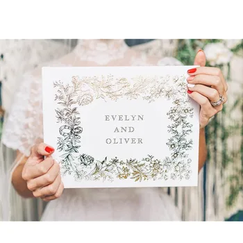 

Personalized Gold Wedding Guest Book, Floral Vintage Horizontal Baby shower Rustic Gold Foil Hardcover Instant Photo Book booth