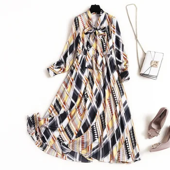 

Geometric Chiffon Dress with Long Sleeve Mid-Calf Vintage Bow Vestidos Color Amarillo Robes Elegant Ete Elegancka Suknia