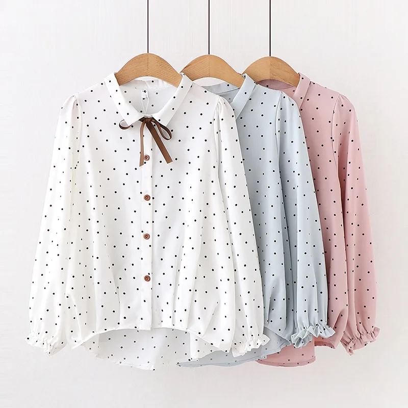 

Women Autumn New Long Sleeve Polka Dot White Loose Blouses Shirts Casual Sweet Bow Shirt Blouse