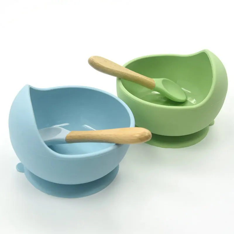 Queiting Bib Silicone Plates Baby Feeding Bowl and Wooden Spoon Set Non Slip Baby Dinner Feeding Set Baby Silicone Bowl with Suction for First Stage Self Feeding Silicone Plate Set Blue