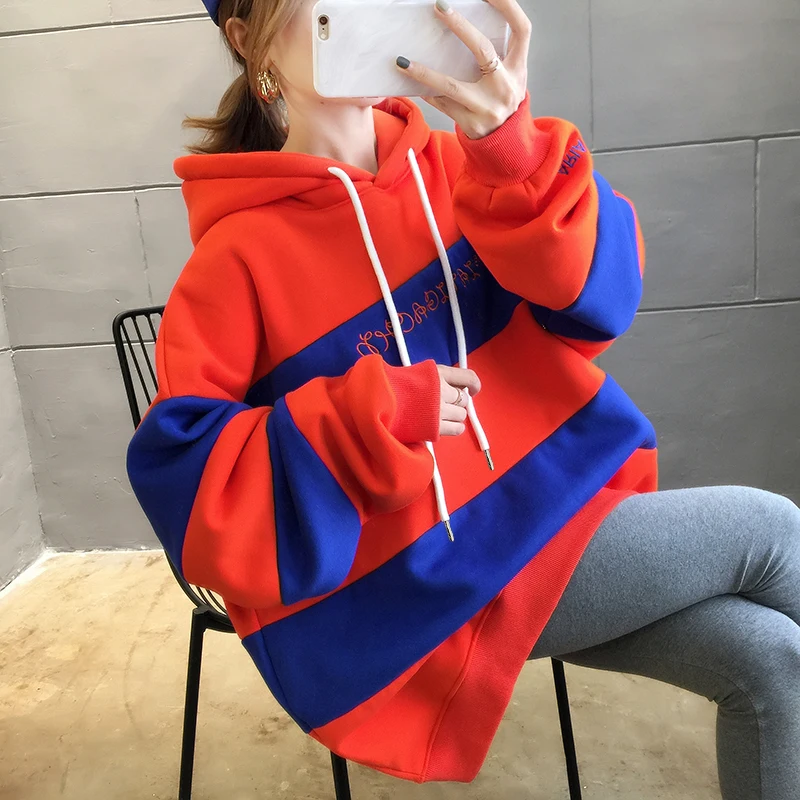 New Stitching Color Sweatshirt Loose Gothic Hoodie Women Spring and Autumn Hooded Pullover Red Black Pastel Clothes |