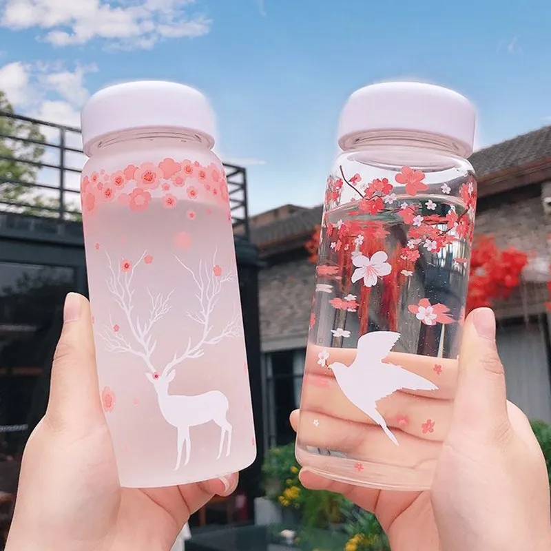 

New Creative Cherry Blossoms Frosted Glass Water Bottle Kawaii Reindeer Bottle For Girl Cute Pink Portable Sport Drink Bottles